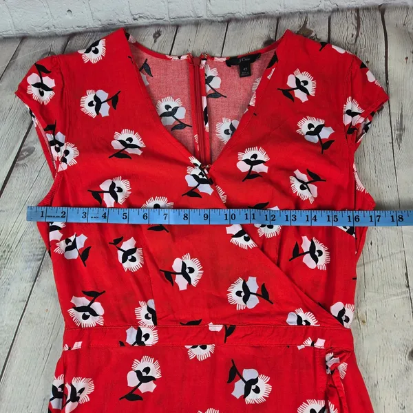 J. Crew Cerise Ruffle Red Floral Faux Wrap Ruffle Dress L4277 Size 4 Tall - Image 8