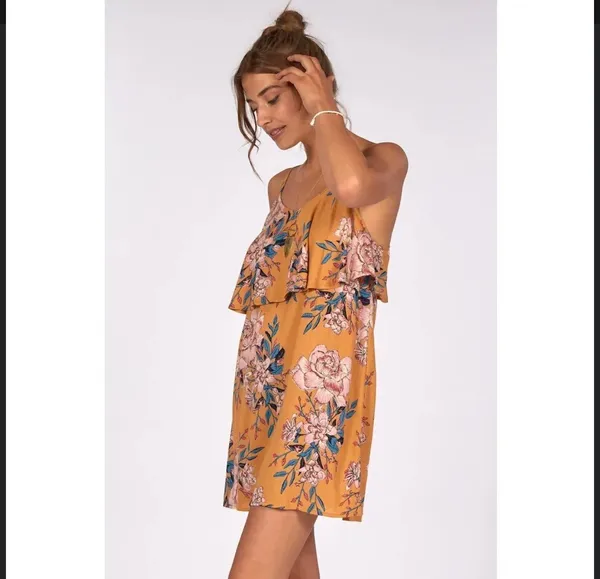 Billabong Floral Yellow Mustard Smocked Granny Dress - Image 3