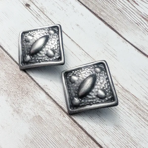 Vintage Clip On Earrings - Dark Silver Tone Diamond Shape with Design - Image 3