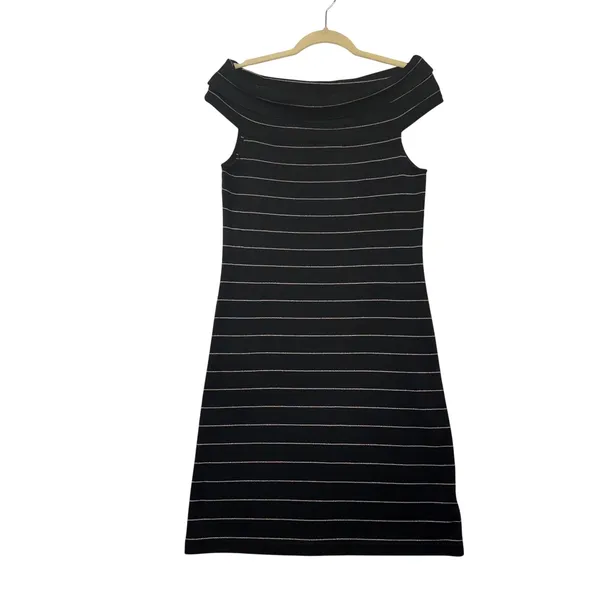 Lauren Ralph Lauren Black Metallic Striped Off Shoulder‎ Sheath Dress Womens M - Image 2