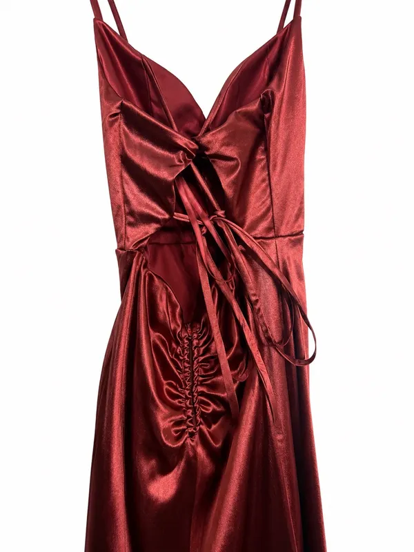 Women’s Burgundy Satin Ruched Cowl Neck Midi Dress - Image 2
