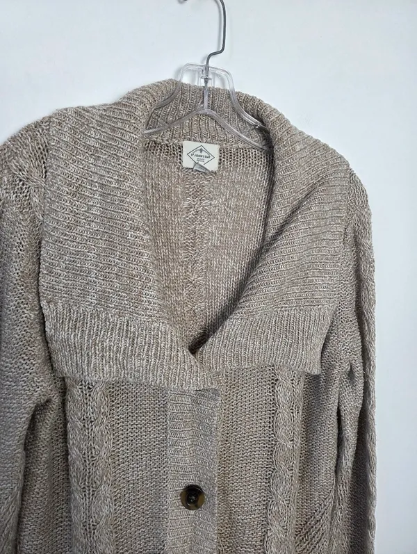 Oatmeal Beige Cardigan Sweater Shawl Collar Cable Knit Comfy Loungewear Large - Image 3