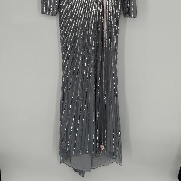 Mac Duggal Sequined Wrap Over Bishop Sleeve‎ Gown 4 Silver Formal Gala Wedding - Image 6