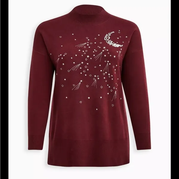 Torrid Burgundy Maroon Silver Sequin Moon Mock Neck Sweater 1X - Image 11
