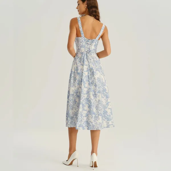 Rihoas Blue Floral Ruched Slip Midi Dress - Image 6