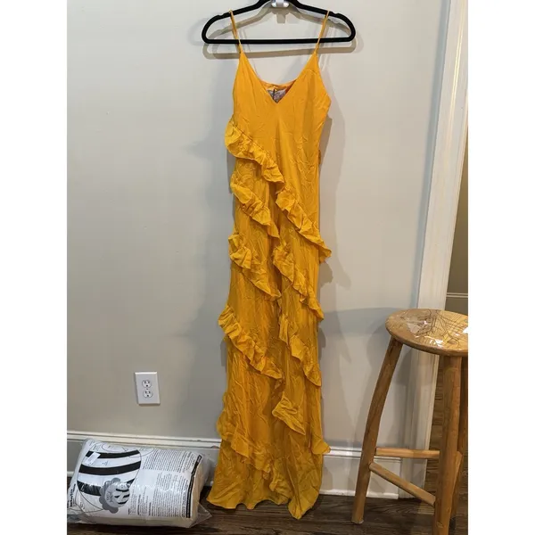 La Ligne Gio Marigold Silk Maxi Dress Ruffle Size Large Sun Tiered Dry Clean - Image 4
