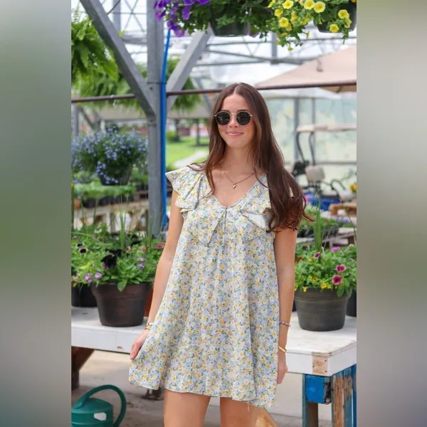 Hem & Thread NWT Peony Floral Ruffle Mini Dress Blue and Yellow Linen Size Small - Image 3