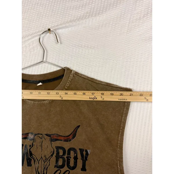 Cowboy Hello Bull Skull Graphic Sleeveless Tee Brown Mineral Wash Small - Image 6