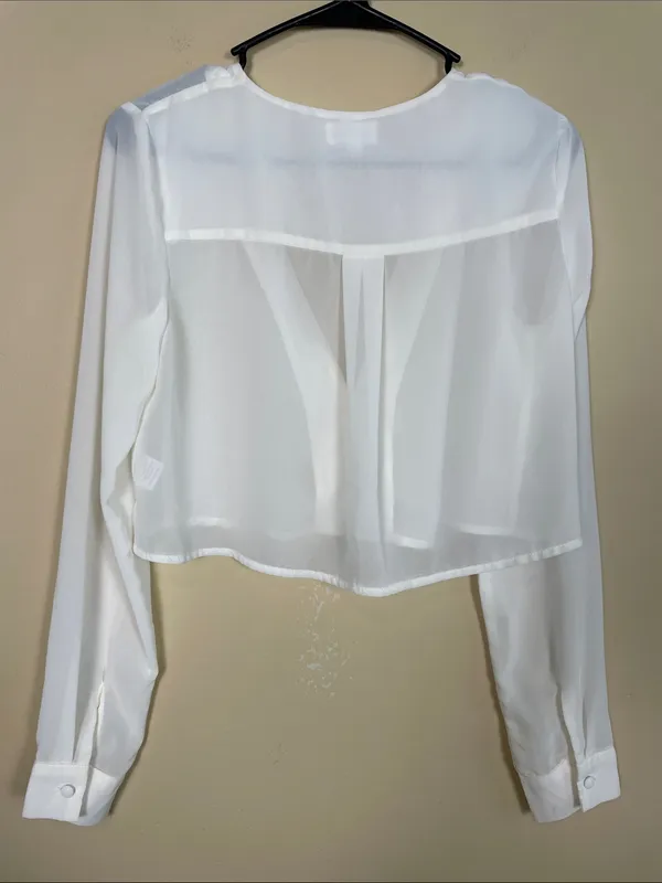 Superdown Women’s Sheer Cropped White V-Neck Chic Office Button-Up Blouse - Image 3