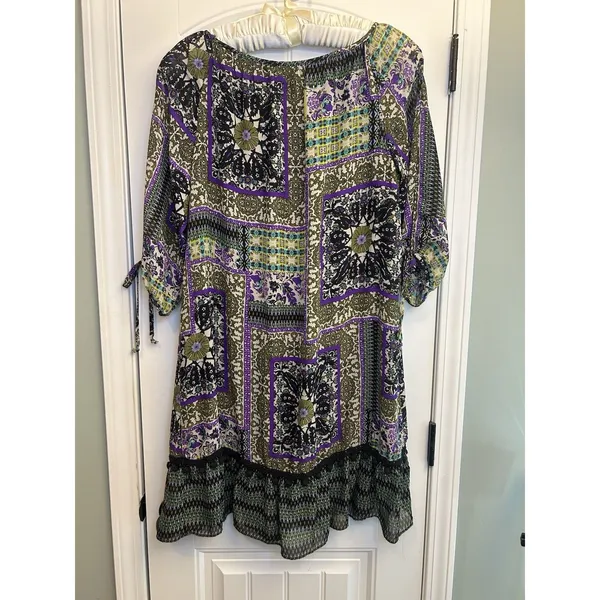 Women’s XL Purple Olive Patchwork Print Tunic Dress Ruffle Hem Tie Sleeves Boho - Image 14