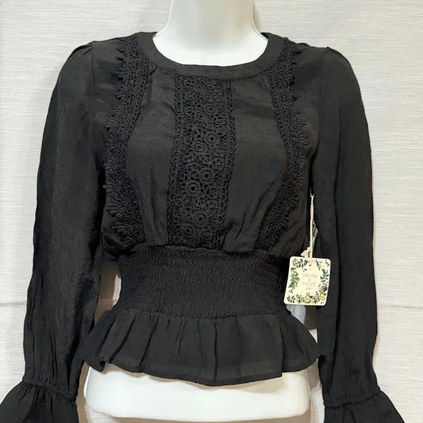 Chelsea & Violet Girls Black Lace‎ Smocked Peplum Blouse Long Sleeve Top Medium - Image 3