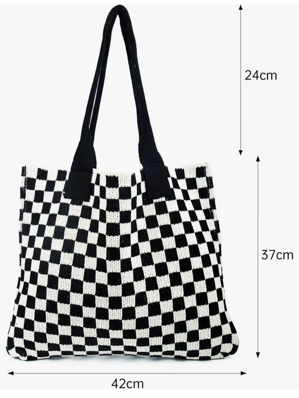 Black & White Checkerboard Knit Tote Bag - Stylish Everyday Carry - Image 2