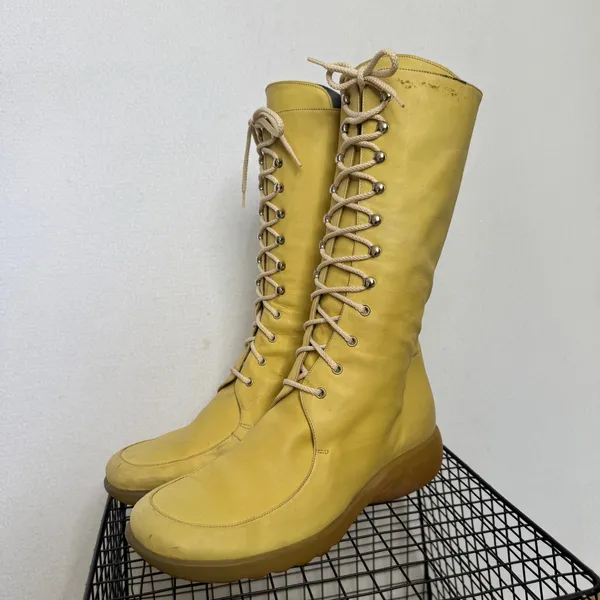 Vintage 1990s Bettye Muller Sedona Leather Lace Up Boots Italy Yellow Sz 7 - Image 6