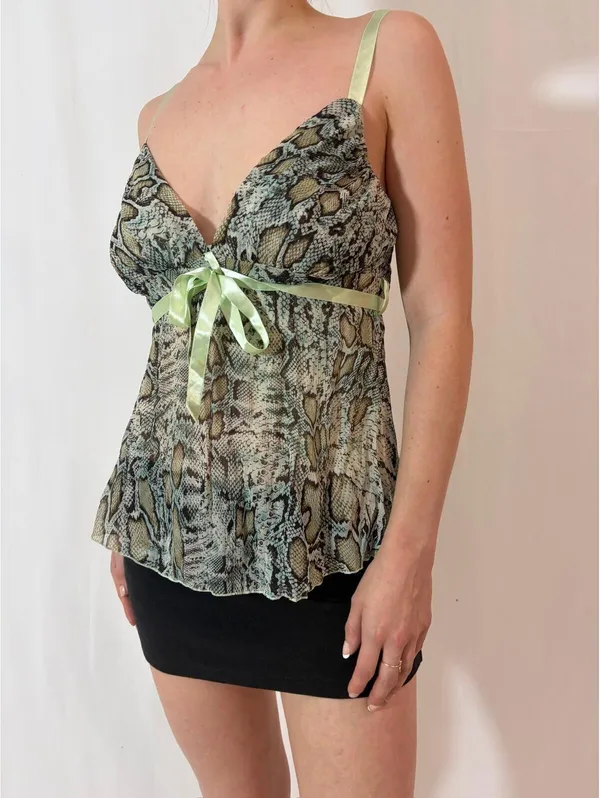 Green Snakeskin Print Mesh Sheer Fairy Y2K Festival Cami - Image 4