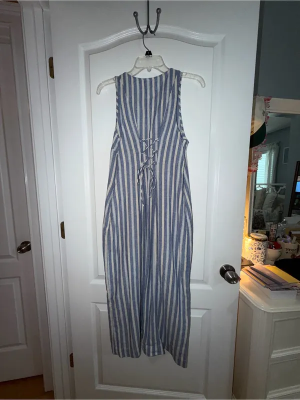 Old Navy Blue and White Vertical Stripe Button-Front Maxi Dress - Image 3