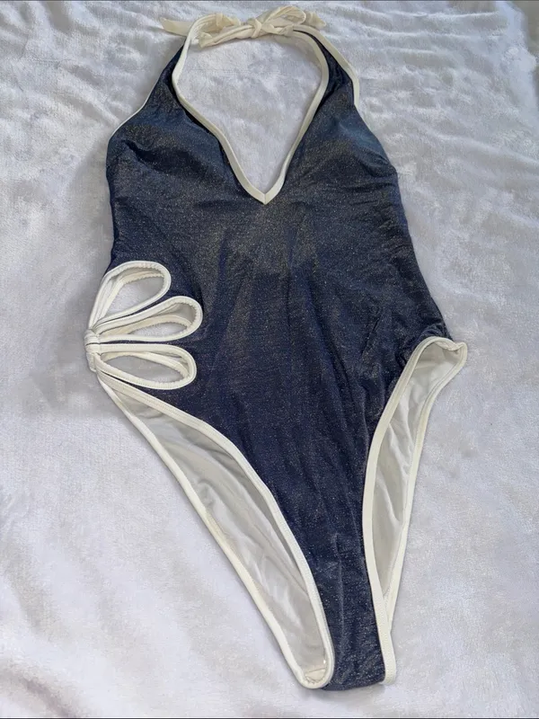 Cupshe Metallic Blue Plunge Halter One Piece Swimsuit with Cutouts size M - Image 5