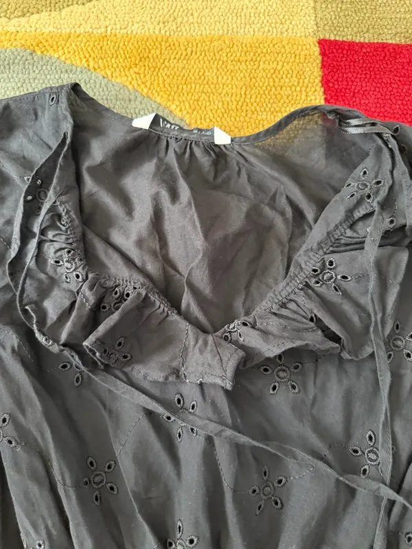 Zara Women Black Very Mini Short 3/4 Sleeve Ruffle Dress Eyelet Women’s Medium - Image 2