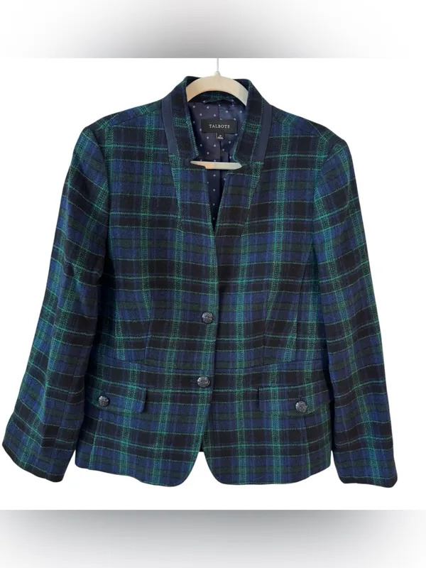 Talbots Wool Blend Green Blue Plaid Blazer Size 12 Crest Buttons Holiday - Image 9