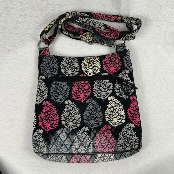Vera Bradley Crossbody Bag Purse Quilted Black Pink Gray Floral Shoulder Bag‎ - Image 2
