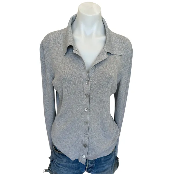 Michael Kors Gray Polo Sweater SMALL Fitted Cardigan Preppy Silk Cotton $300 - Image 7