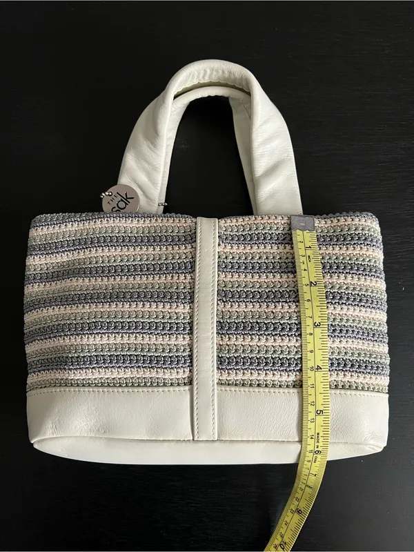 The Sak White Gray Seafoam Striped Crochet Tote Bag Leather Trim Mini Tote Purse - Image 9