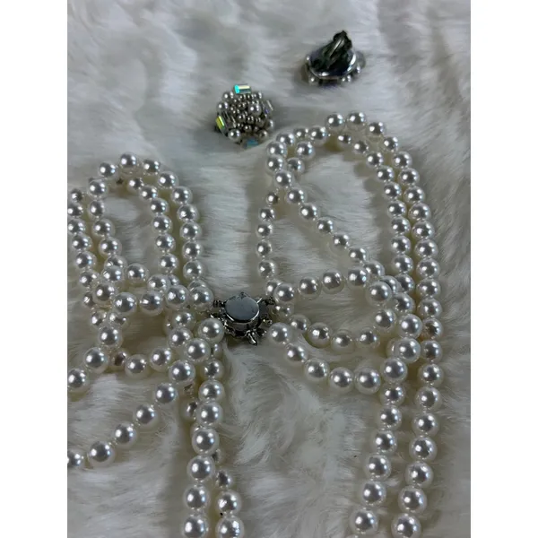 Vintage Japan Faux Pearl Double‎ Strand Necklace and AB Crystal Clip On Earrings - Image 9