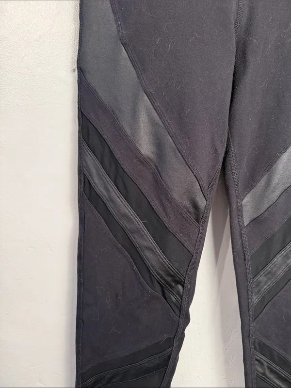 Alo Leggings Long Black Net Trim Inserts Diagonal Design Satin Strips - Image 2