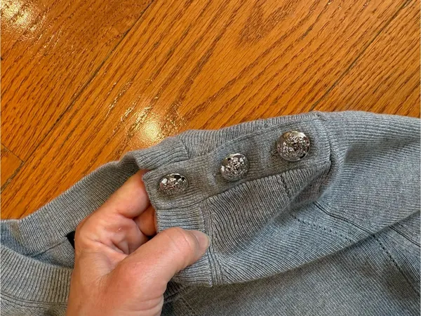 White House Black Market Gray Jeweled Button Knit Top Small Quiet Luxury - Image 3