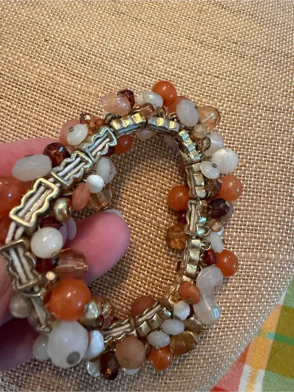 Boho Cluster Bead Wrap Stretch Bracelet, Earth Tones -Orange & Cream - Image 5