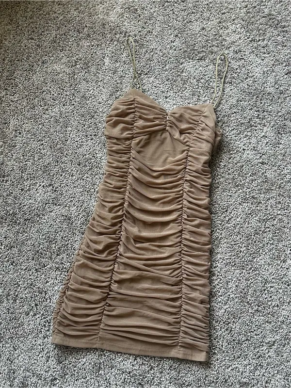 Ruched Spaghetti-Strap Bodycon Dress in Tan - Image 2