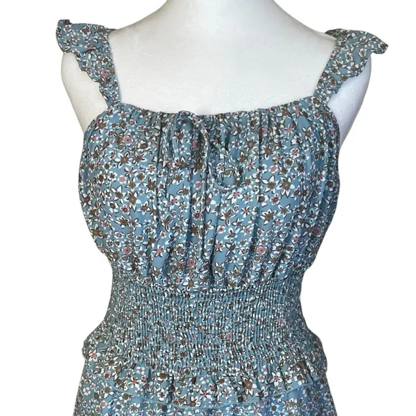 Altar’d State Blue Floral Milkmaid Peasant Dress Elastic‎ Waist Ruffle Small - Image 3