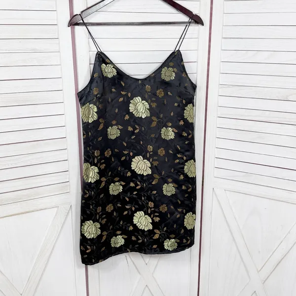 Forever‎ 21 Floral Satin Jacquard Mini Slip Dress Black Gold Medium - Image 8