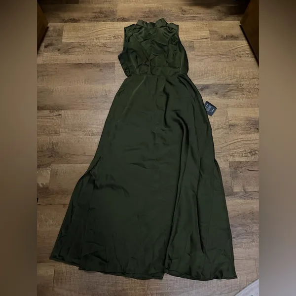 Lulus Classic Elegance Olive Satin Sleeveless Mock Neck Maxi Dress - Image 5