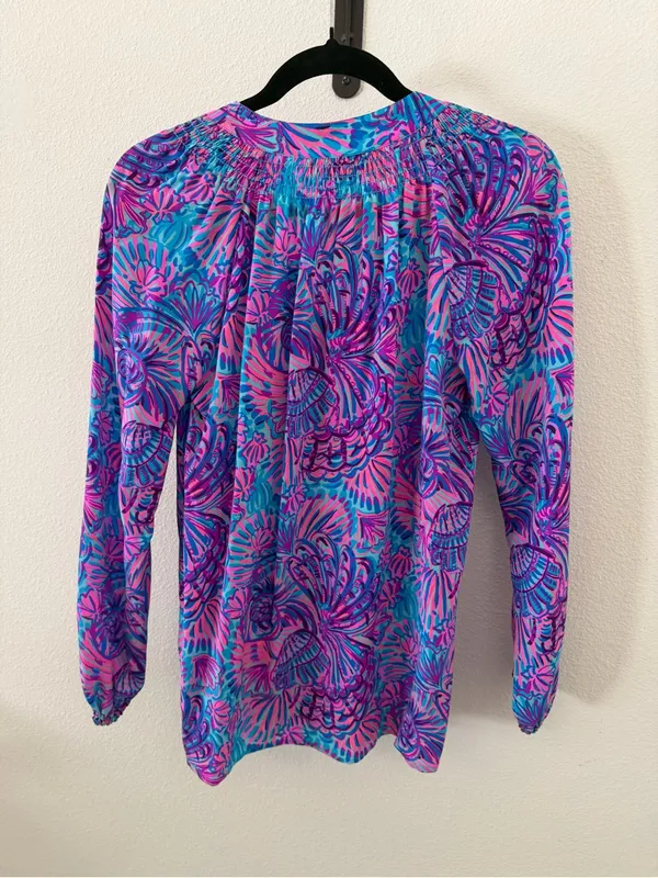 Lilly Pulitzer Silk Elsa Top Shelleidoscope Print Turquoise Oasis - Image 8