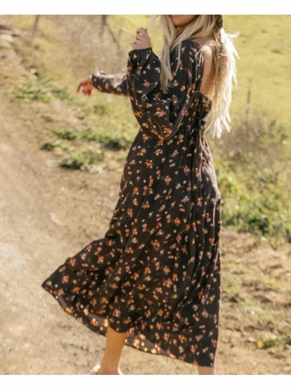 Billabong Black Floral Tie-Front Long Sleeve Boho Peasant Style Midi Dress XS - Image 3