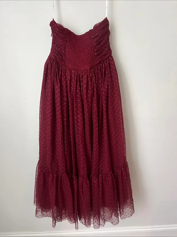 Lulus Burgundy Swiss Dot Tulle Midi Dress S ♟️ - Image 6