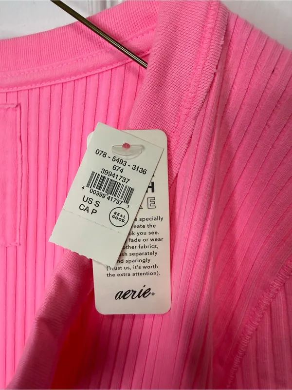 aerie Ribbed Neon Pink Notch V-Neck Long Sleeve Top - Image 4