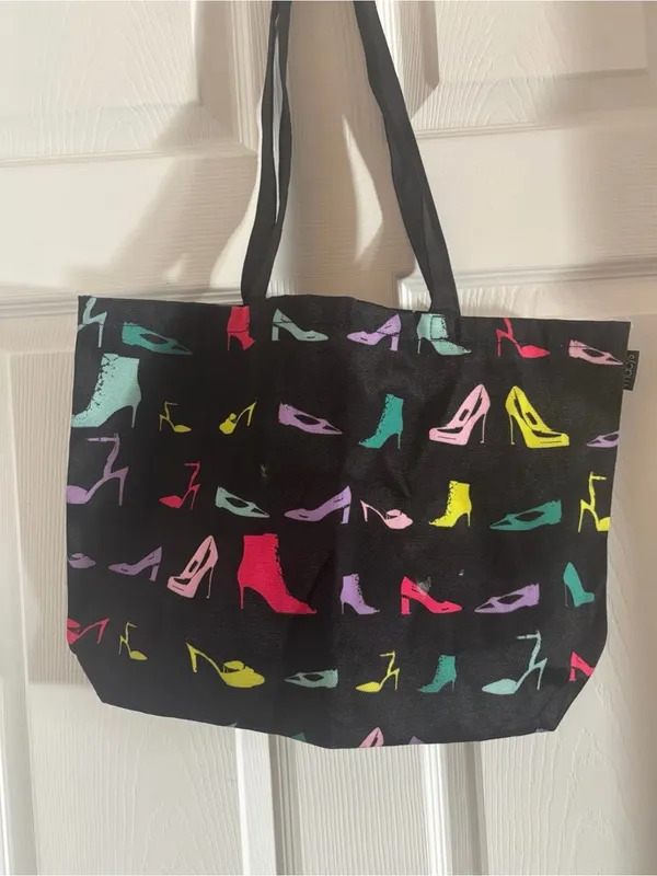 Macy’s Medium Reusable Canvas Tote Bag with Colorful Shoe Print - Black - Image 3