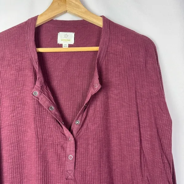 Aerie Offline Burgundy Red Ribbed Knit Relaxed Fit Henley Long Sleeve‎ T-Shirt S - Image 3