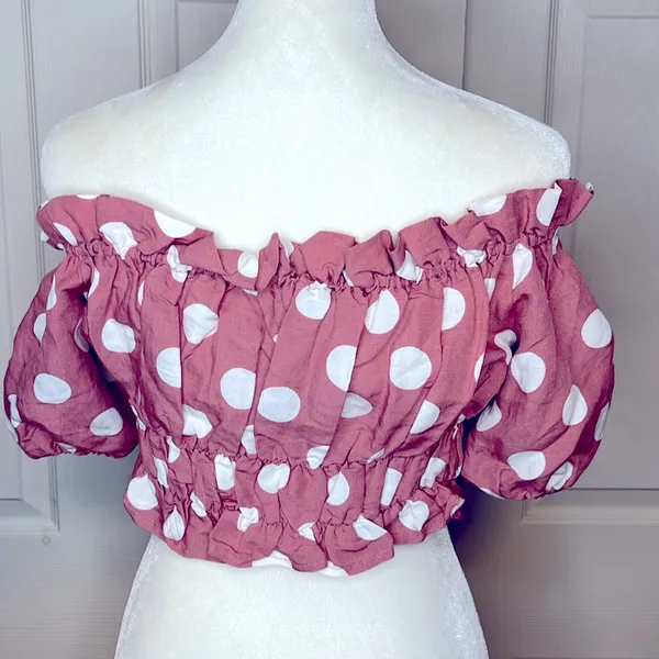 Zara Smocked Polka Dot Linen Crop Top Off-Shoulder Size Small - Image 5