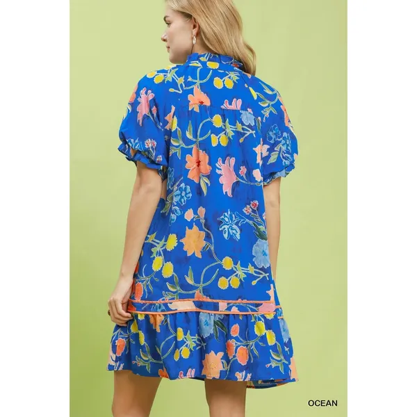 Umgee Floral Ruffle Hem Mini Dress - Ocean - Small - Image 3