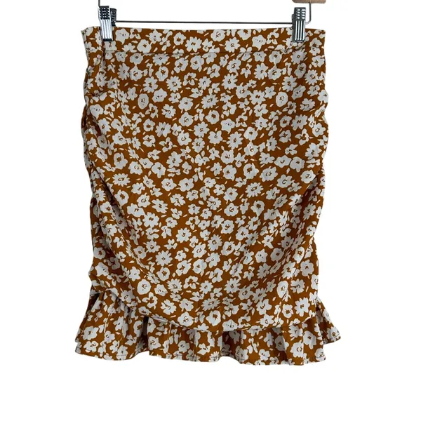Abound Ruched Floral Ruffle Mini Skirt Brown White Boho Summer Size S - Image 2