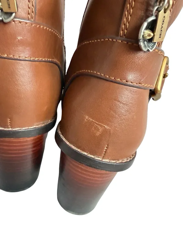 Coach Saddle Tan Leather Moto Buckle Heeled Ankle Booties Biker Size 8.5 Women's - Image 5