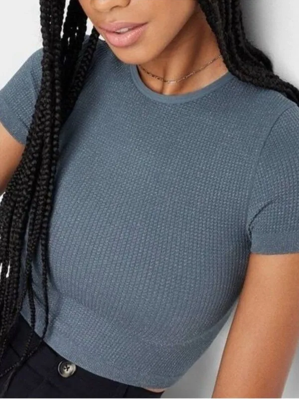 Wild Fable Small Slate Blue Glitter Shimmer Ribbed Crop Tee Short Sleeve Gym - Image 3