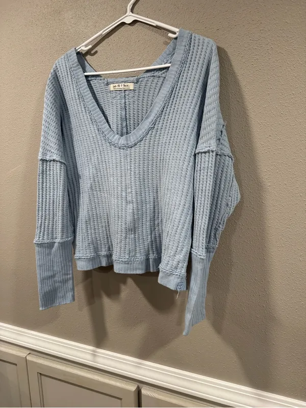 Free People Sky Blue Waffle V-Neck Long Sleeve Top - Image 3