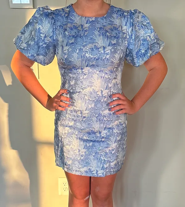 blue white and silver lena hoco dress with puff sleeves - Image 4