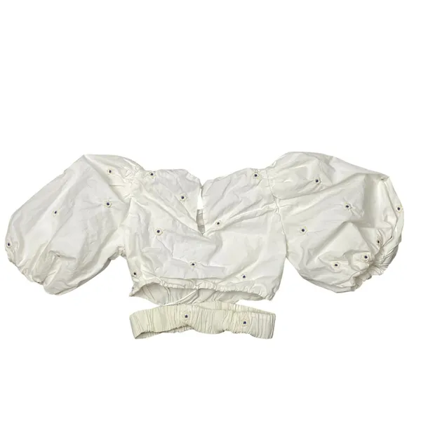 Zara Women's White Floral Embroidered Balloon Sleeves Crop Poplin Blouse Top XS - Image 2
