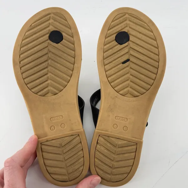 Crocs Tulum Toe Post Sandal Black Tan Women 6 Strappy Slip On Flip Flop Buckle - Image 8