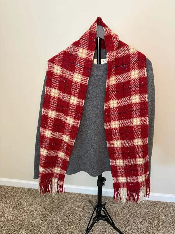 Burberry Red and Cream Checked Fringe Scarf - Image 4