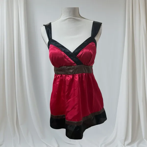 A. Byer Womens Vintage Y2K Pink Black Satin Tie Back Vneck Cami Blouse Large - Image 2